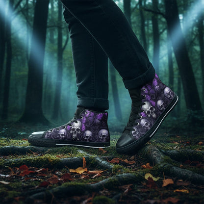Freaky Shoes® men's high-top canvas sneakers featuring a gothic purple butterfly and skull print in a forest setting