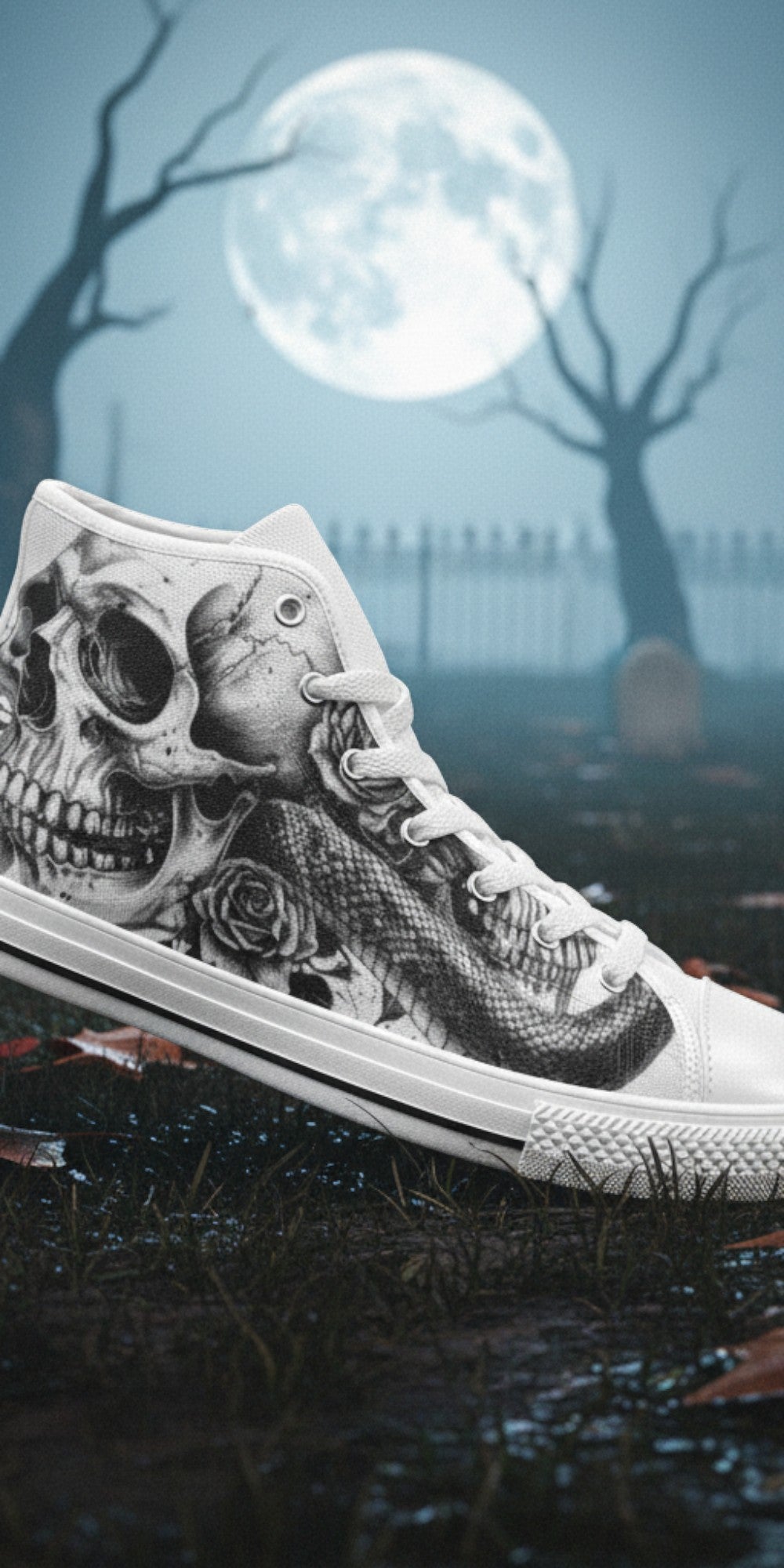 Women's Skull Gothic Dark Art custom high-top canvas shoes — wearable art by Freaky Shoes
