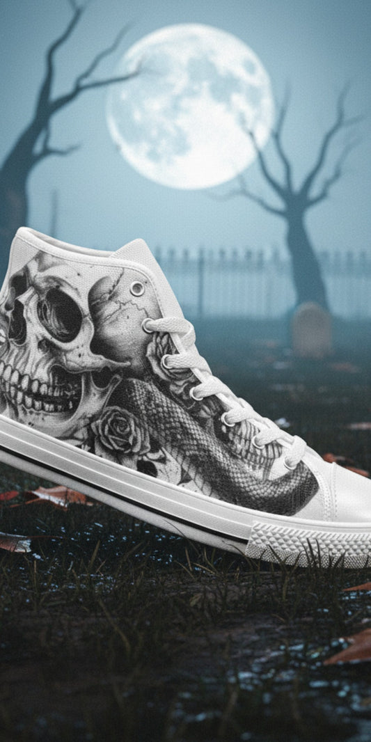 Freaky Shoes® gothic high top canvas sneakers featuring a black and white skull and butterfly dark art print.