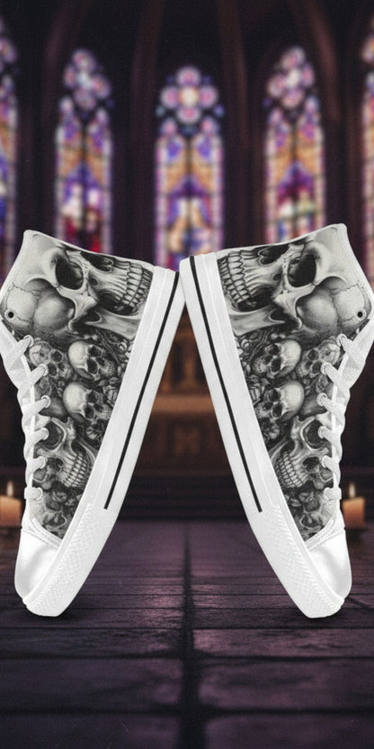 Custom Women's Dark Skull Gothic Art high-top canvas shoes with bold all-over art — Freaky Shoes