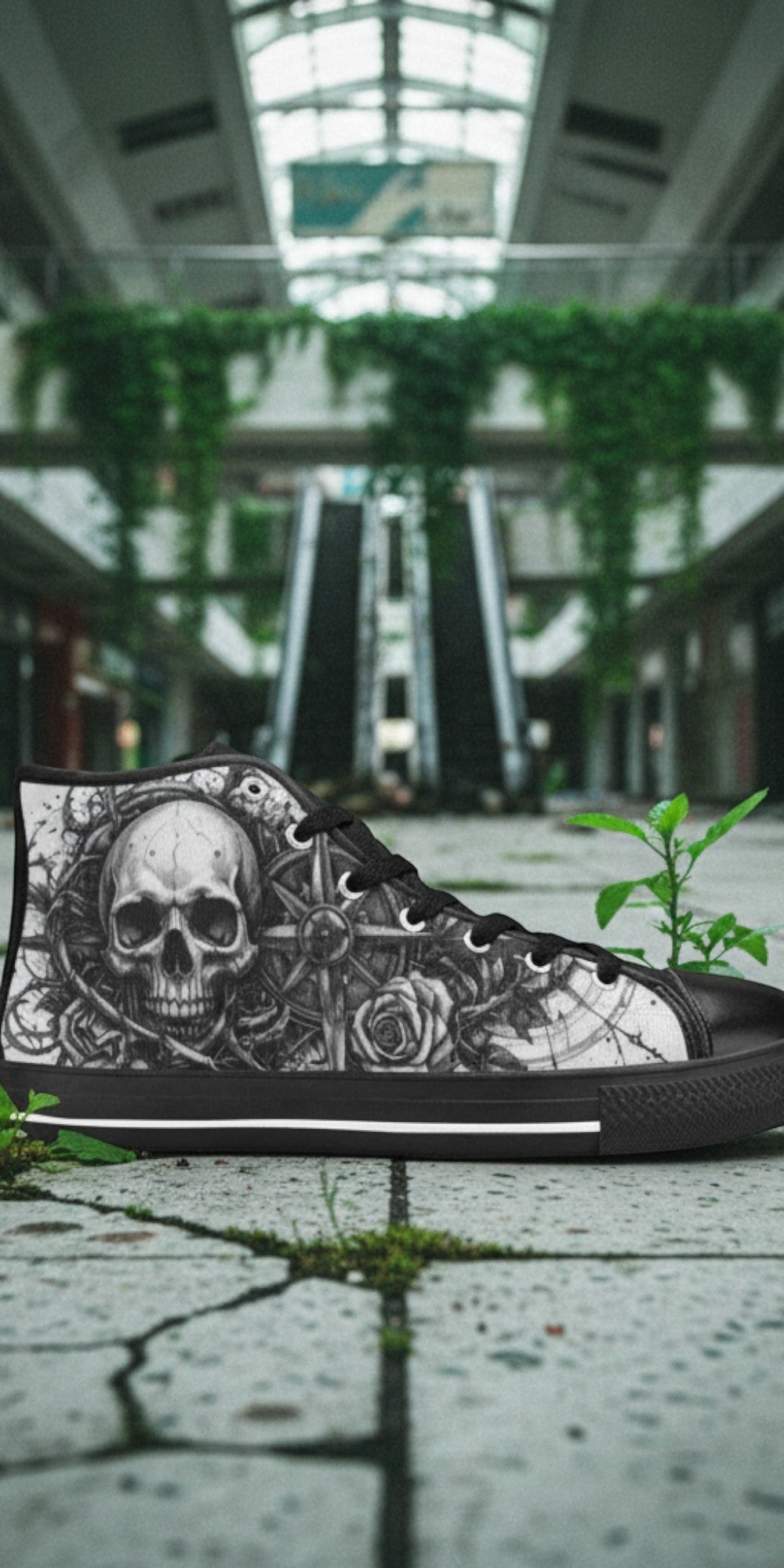 Custom Women's Dark Gothic Skull high-top canvas shoes with bold all-over art — Freaky Shoes