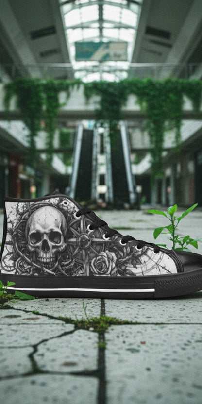 Custom Women's Dark Gothic Skull high-top canvas shoes with bold all-over art — Freaky Shoes