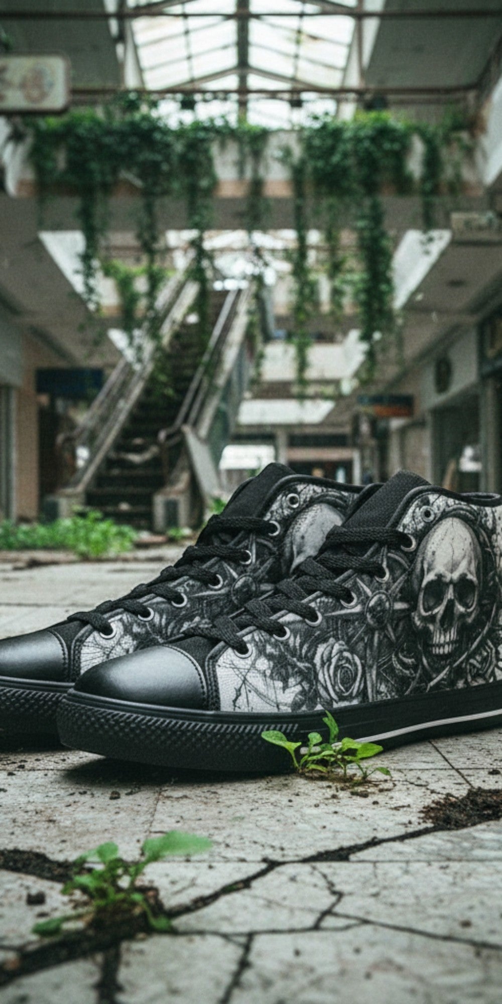 Custom Women's Dark Gothic Skull high-top canvas shoes with bold all-over art — Freaky Shoes
