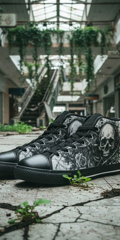 Custom Women's Dark Gothic Skull high-top canvas shoes with bold all-over art — Freaky Shoes