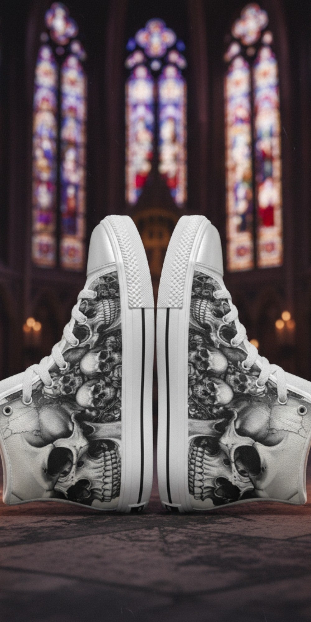 Women's Dark Skull Gothic Art high-top canvas shoes, custom full-wrap printed design — Freaky Shoes