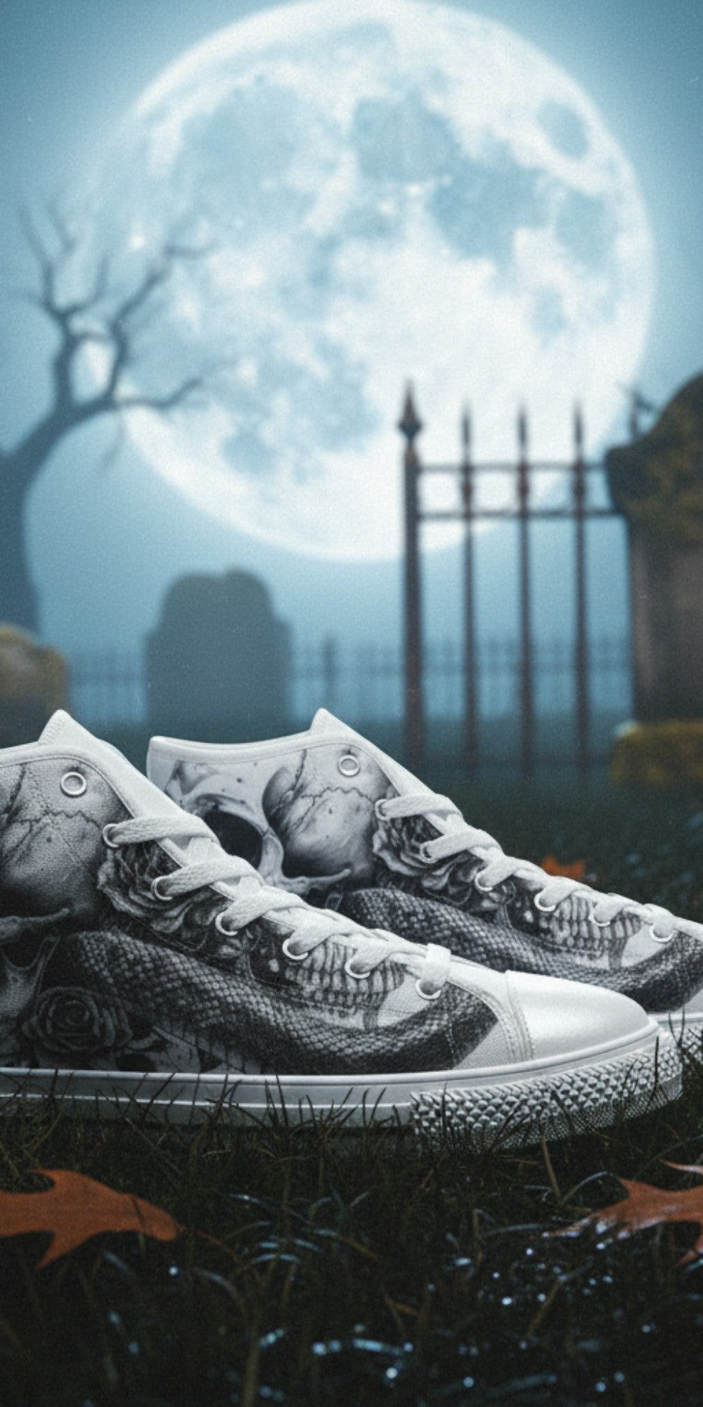 Women's Skull Gothic Dark Art high-top canvas shoes, custom full-wrap printed design — Freaky Shoes