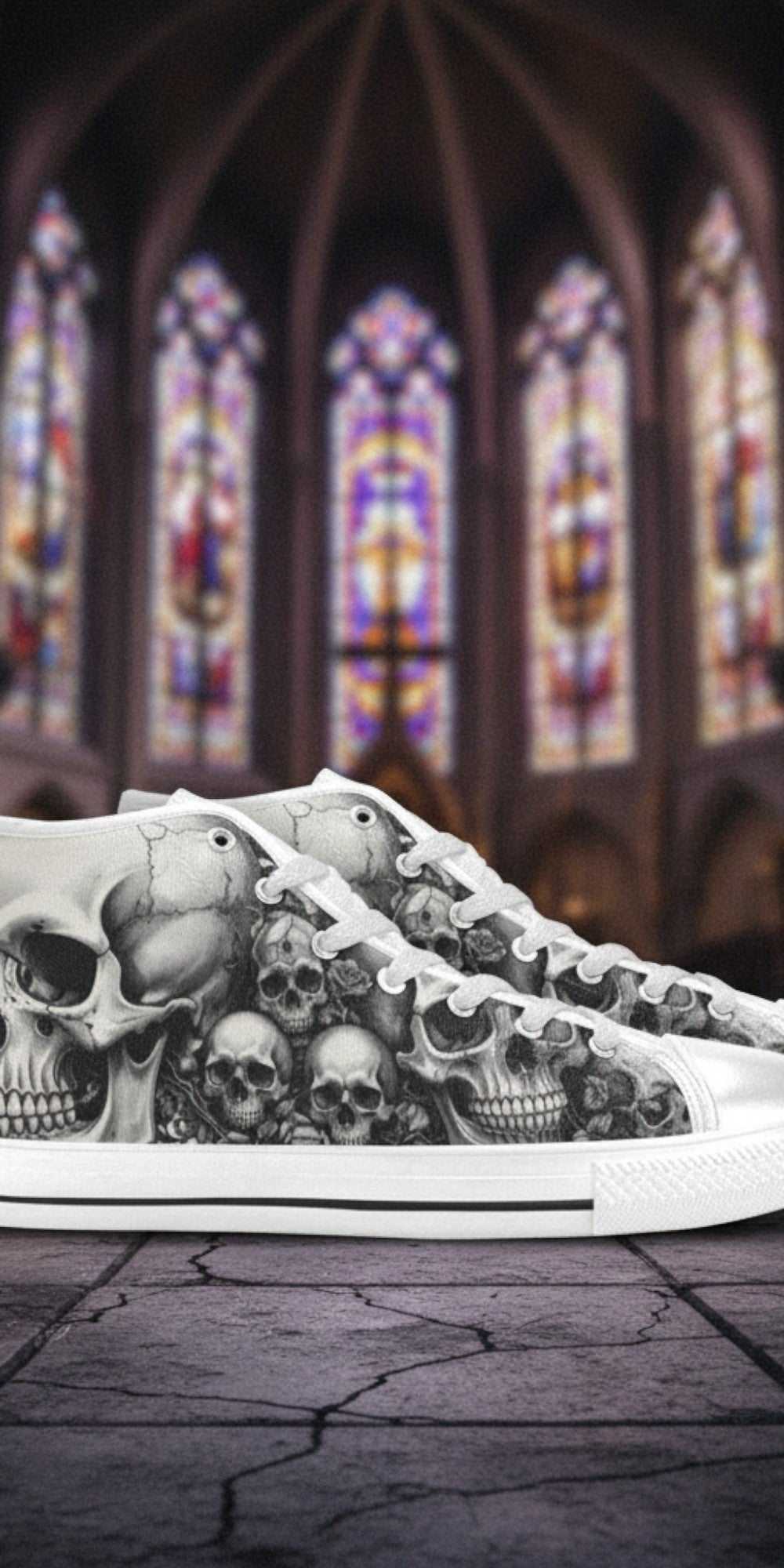 Women's Dark Skull Gothic Art high-top canvas shoes — one-of-a-kind custom printed art, Freaky Shoes