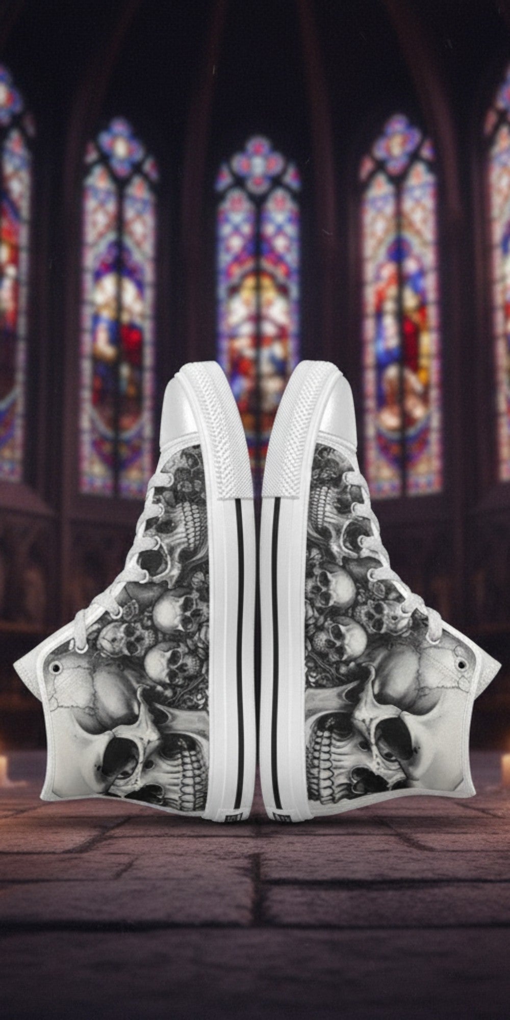 Women's Dark Skull Gothic Art high-top canvas shoes — one-of-a-kind custom printed art, Freaky Shoes