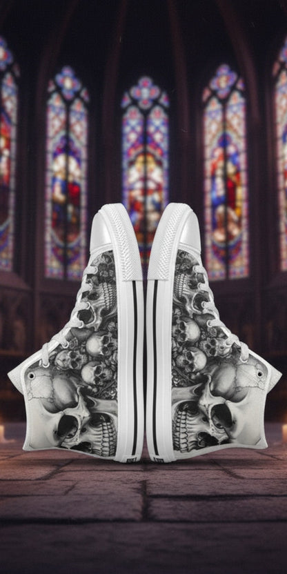 Women's Dark Skull Gothic Art high-top canvas shoes — one-of-a-kind custom printed art, Freaky Shoes