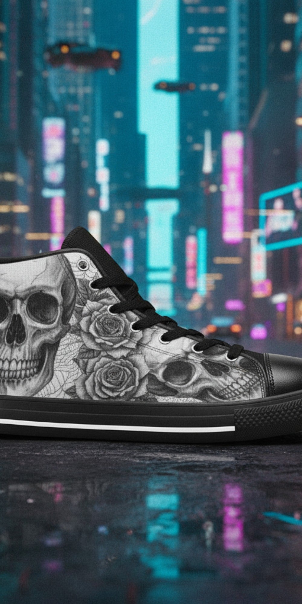 Custom Women's Dark Art Gothic Skull high-top canvas shoes with bold all-over art — Freaky Shoes
