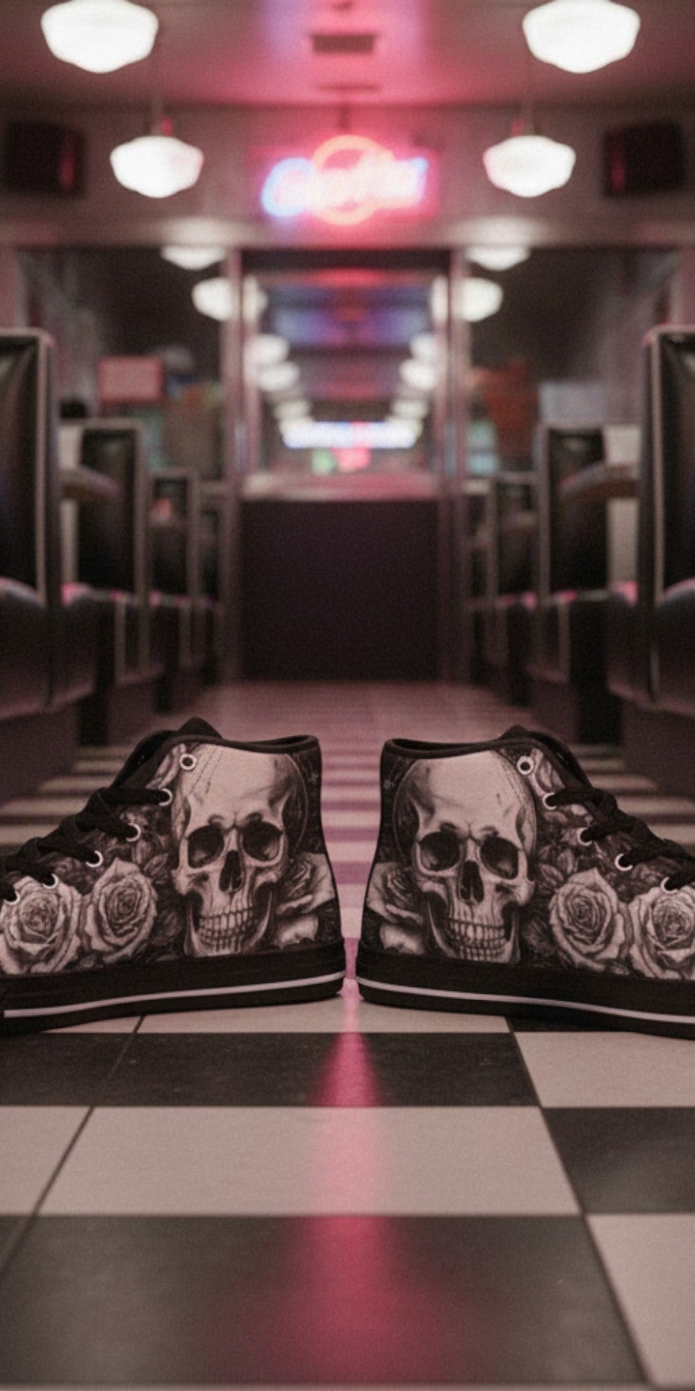 Custom Women's Dark Art Skull Gothic high-top canvas shoes with bold all-over art — Freaky Shoes