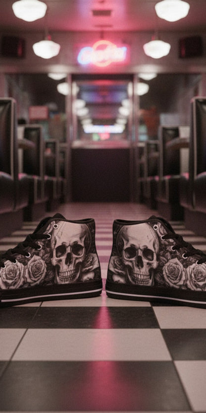 Custom Women's Dark Art Skull Gothic high-top canvas shoes with bold all-over art — Freaky Shoes