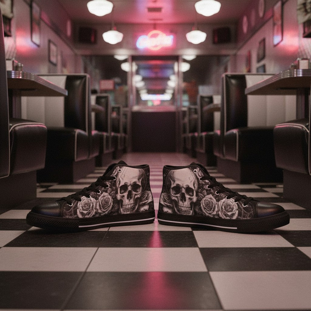 Custom Women's Dark Art Skull Gothic high-top canvas shoes with bold all-over art — Freaky Shoes