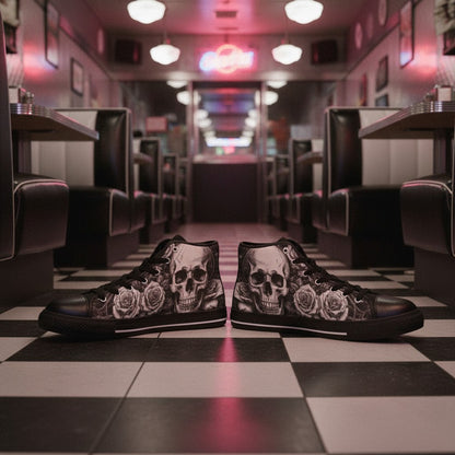 Custom Women's Dark Art Skull Gothic high-top canvas shoes with bold all-over art — Freaky Shoes