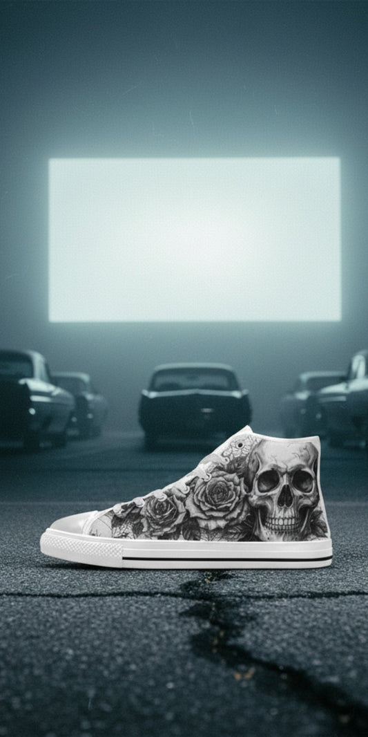 Freaky Shoes® high top canvas sneakers featuring a black and white gothic skull and rose art design.
