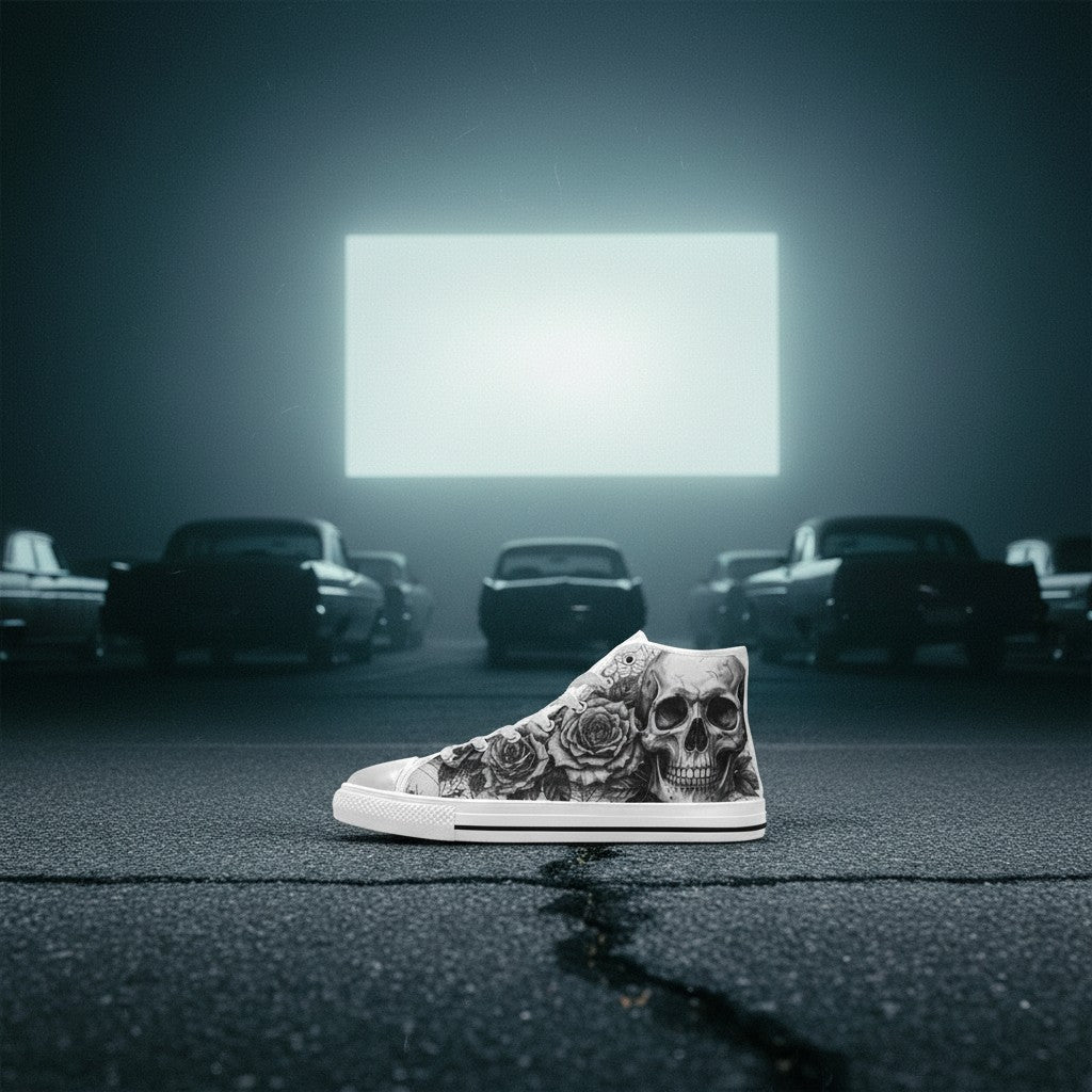 Women's Dark Skull Crown Gothic Dark Art custom high-top canvas shoes — wearable art by Freaky Shoes