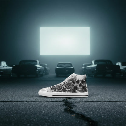 Women's Dark Skull Crown Gothic Dark Art custom high-top canvas shoes — wearable art by Freaky Shoes