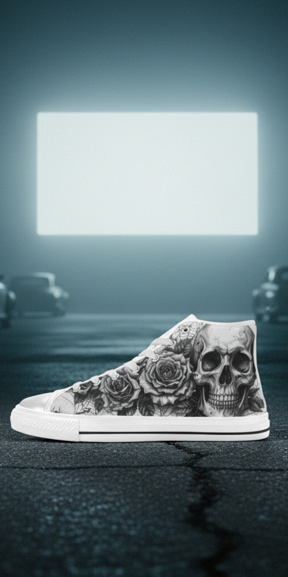 Custom Women's Dark Skull Crown Gothic Dark Art high-top canvas shoes with bold all-over art — Freaky Shoes