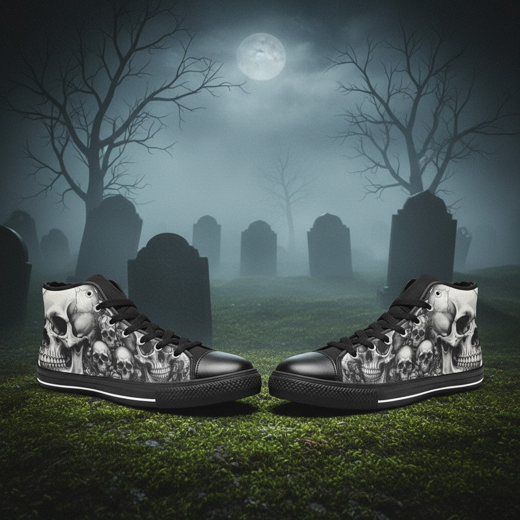 Women's Dark Rose Grey Skull Gothic hand-made high-top canvas shoes — unique wearable art by Freaky Shoes
