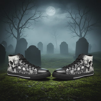 Women's Dark Rose Grey Skull Gothic hand-made high-top canvas shoes — unique wearable art by Freaky Shoes