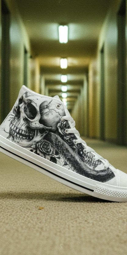 Custom Men's Skull Dark Art Gothic high-top canvas shoes with bold all-over art — Freaky Shoes