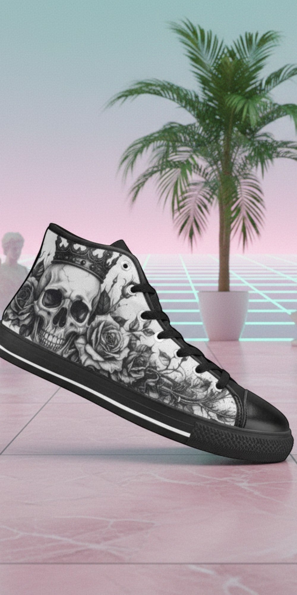 Women's Horror Skull Dark Art Gothic hand-made high-top canvas shoes — unique wearable art by Freaky Shoes