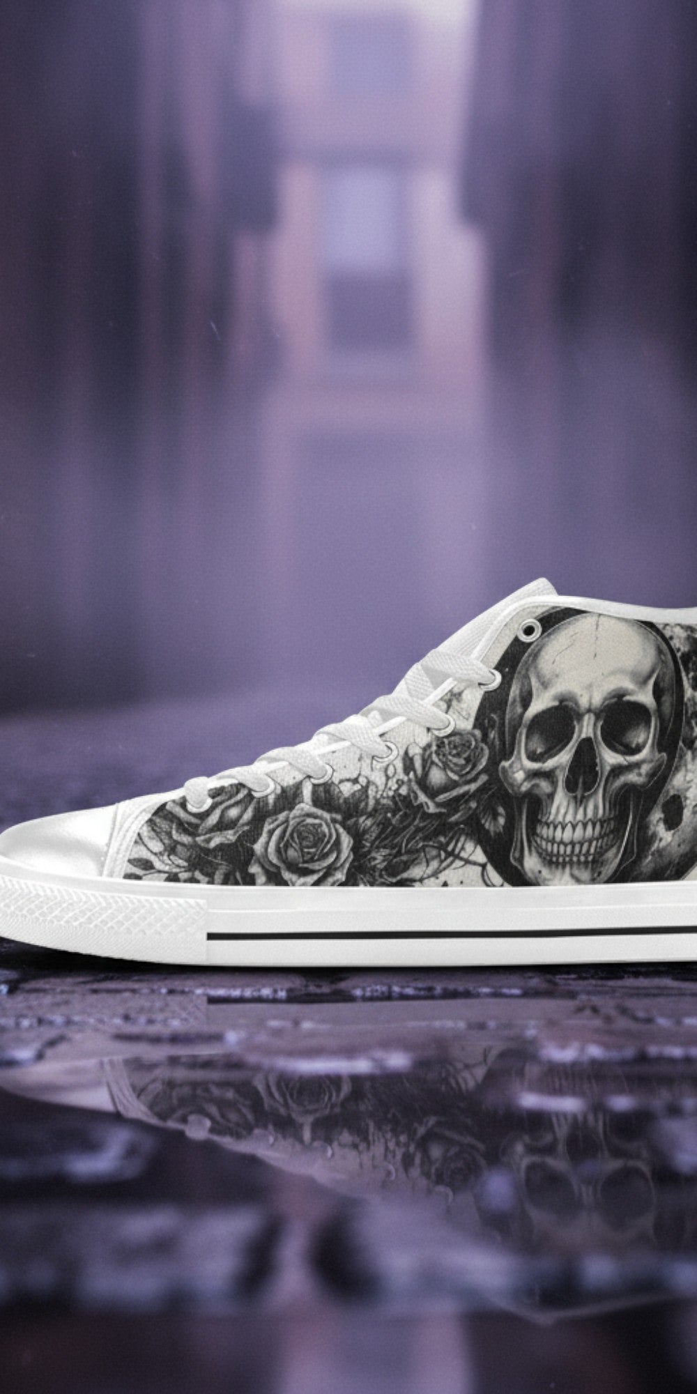 Women's Moon & Skull Dark Art Gothic hand-made high-top canvas shoes — unique wearable art by Freaky Shoes