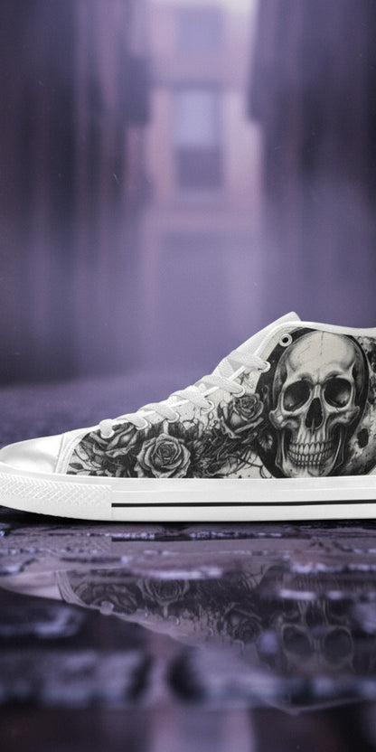 Women's Moon & Skull Dark Art Gothic hand-made high-top canvas shoes — unique wearable art by Freaky Shoes