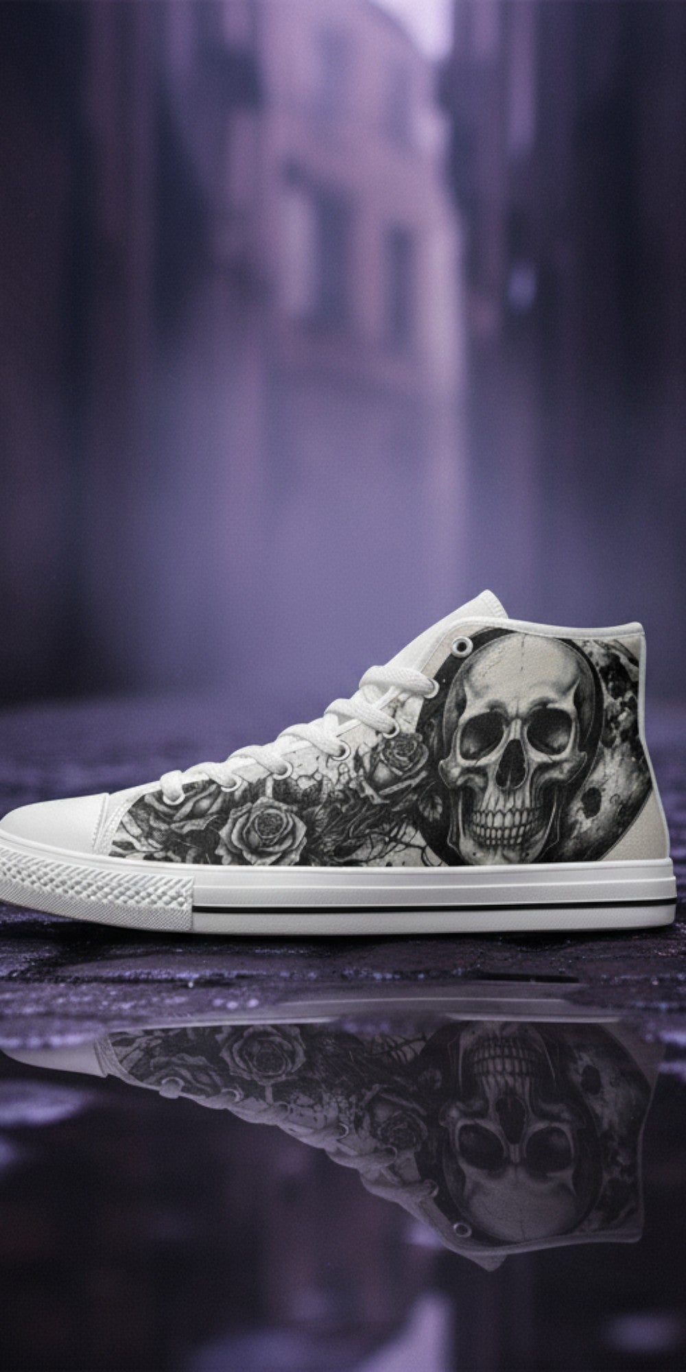 Custom Women's Moon & Skull Dark Art Gothic high-top canvas shoes with bold all-over art — Freaky Shoes