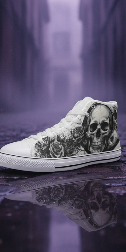 Women's Moon & Skull Dark Art Gothic hand-made high-top canvas shoes — unique wearable art by Freaky Shoes