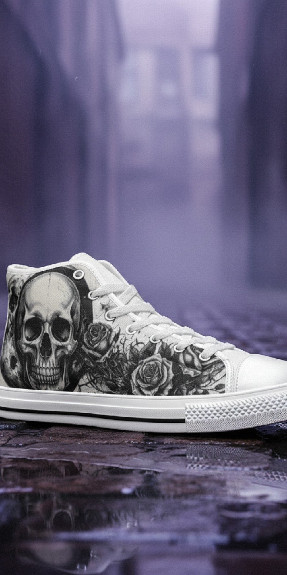 Women's Moon & Skull Dark Art Gothic custom high-top canvas shoes — wearable art by Freaky Shoes