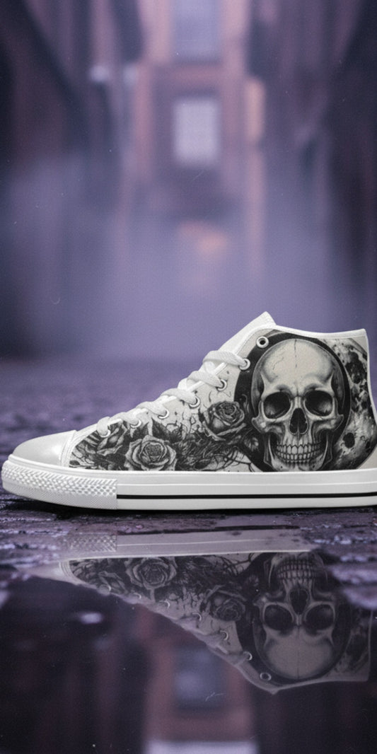 Freaky Shoes® gothic high top canvas sneakers featuring a black and white moon and skull art design on a wet street.