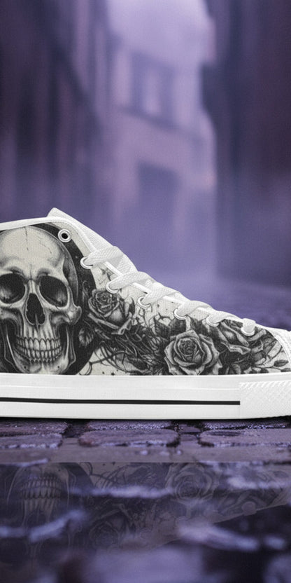 Women's Moon & Skull Dark Art Gothic high-top canvas shoes, custom full-wrap printed design — Freaky Shoes