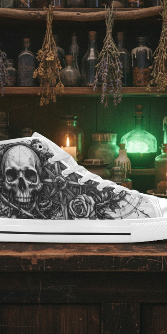 Freaky Shoes® high top canvas sneakers featuring a black and white gothic skull, crown, and rose art design.