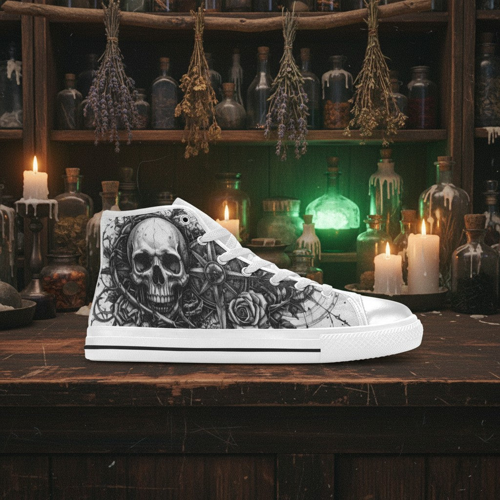 Women's Skull & Crown Gothic Dark Art high-top canvas shoes — one-of-a-kind custom printed art, Freaky Shoes