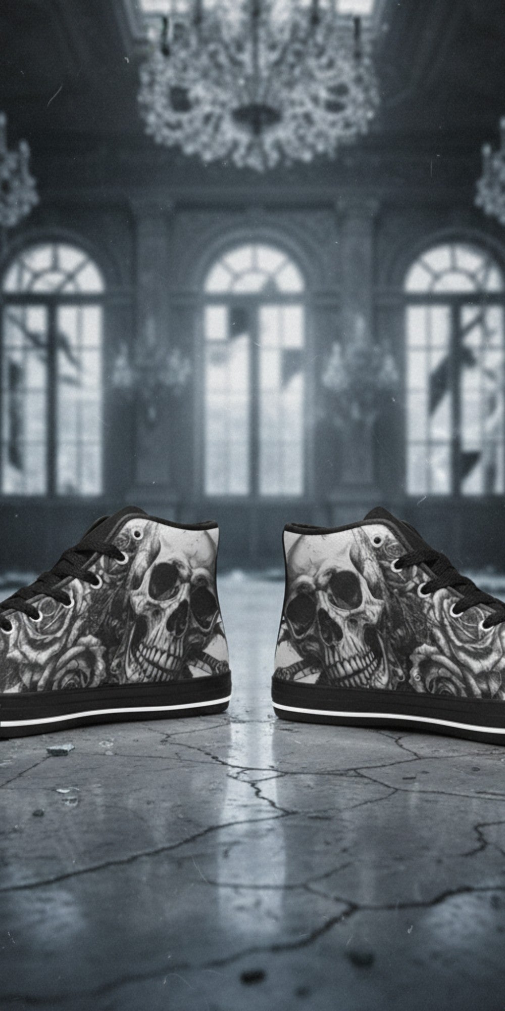 Women's Dark Skull Art Gothic high-top canvas shoes — one-of-a-kind custom printed art, Freaky Shoes