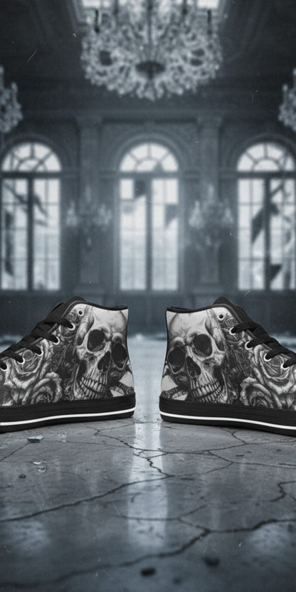 Women's Dark Skull Art Gothic high-top canvas shoes — one-of-a-kind custom printed art, Freaky Shoes