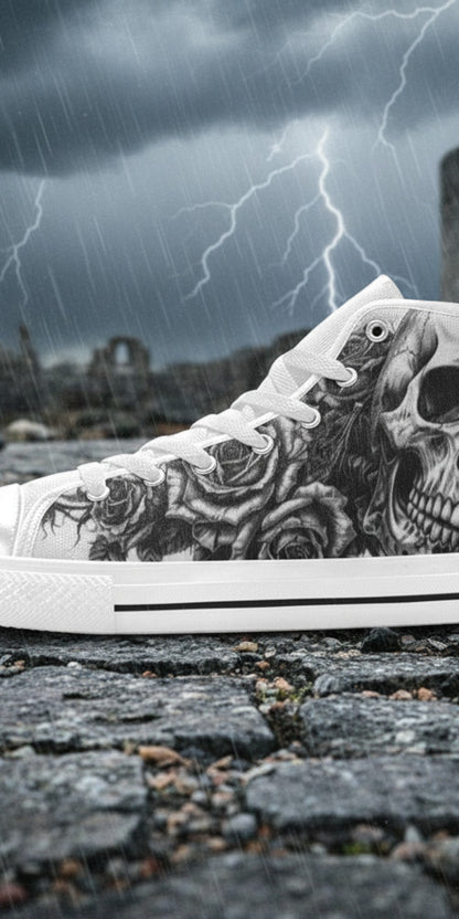 Men's Skull Dark Gothic Art custom high-top canvas shoes — wearable art by Freaky Shoes