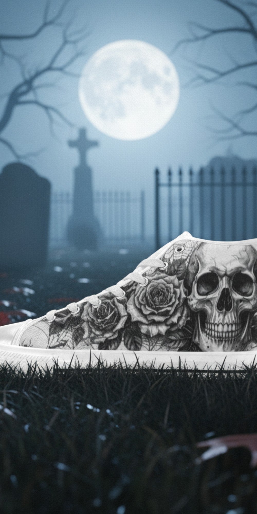 Men's Gothic Dark Skull Art high-top canvas shoes — one-of-a-kind custom printed art, Freaky Shoes