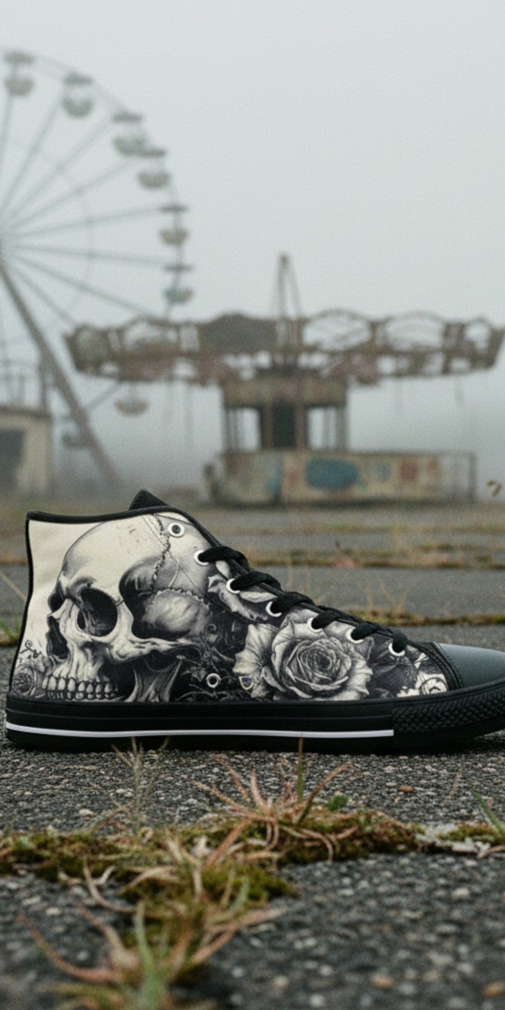 Women's Grey Skull Greyscale Gothic high-top canvas shoes — one-of-a-kind custom printed art, Freaky Shoes