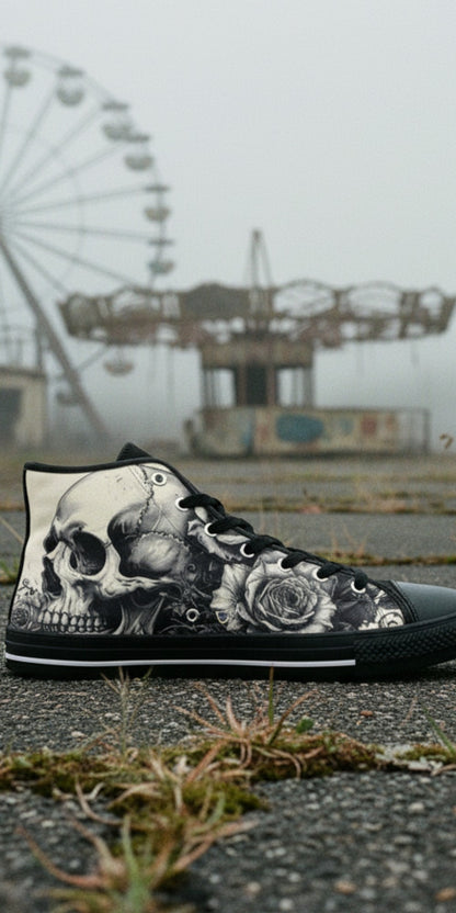 Women's Grey Skull Greyscale Gothic high-top canvas shoes — one-of-a-kind custom printed art, Freaky Shoes