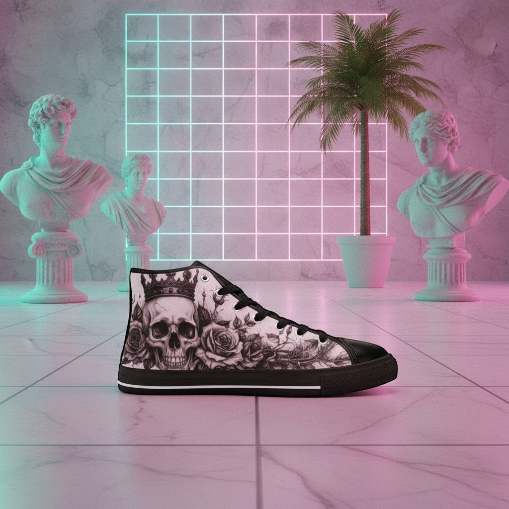 Women's Horror Skull Dark Art Gothic high-top canvas shoes — one-of-a-kind custom printed art, Freaky Shoes