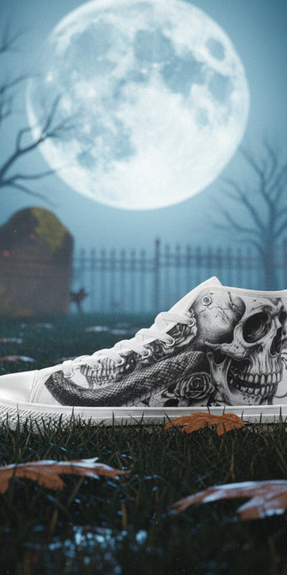 Women's Skull Gothic Dark Art hand-made high-top canvas shoes — unique wearable art by Freaky Shoes