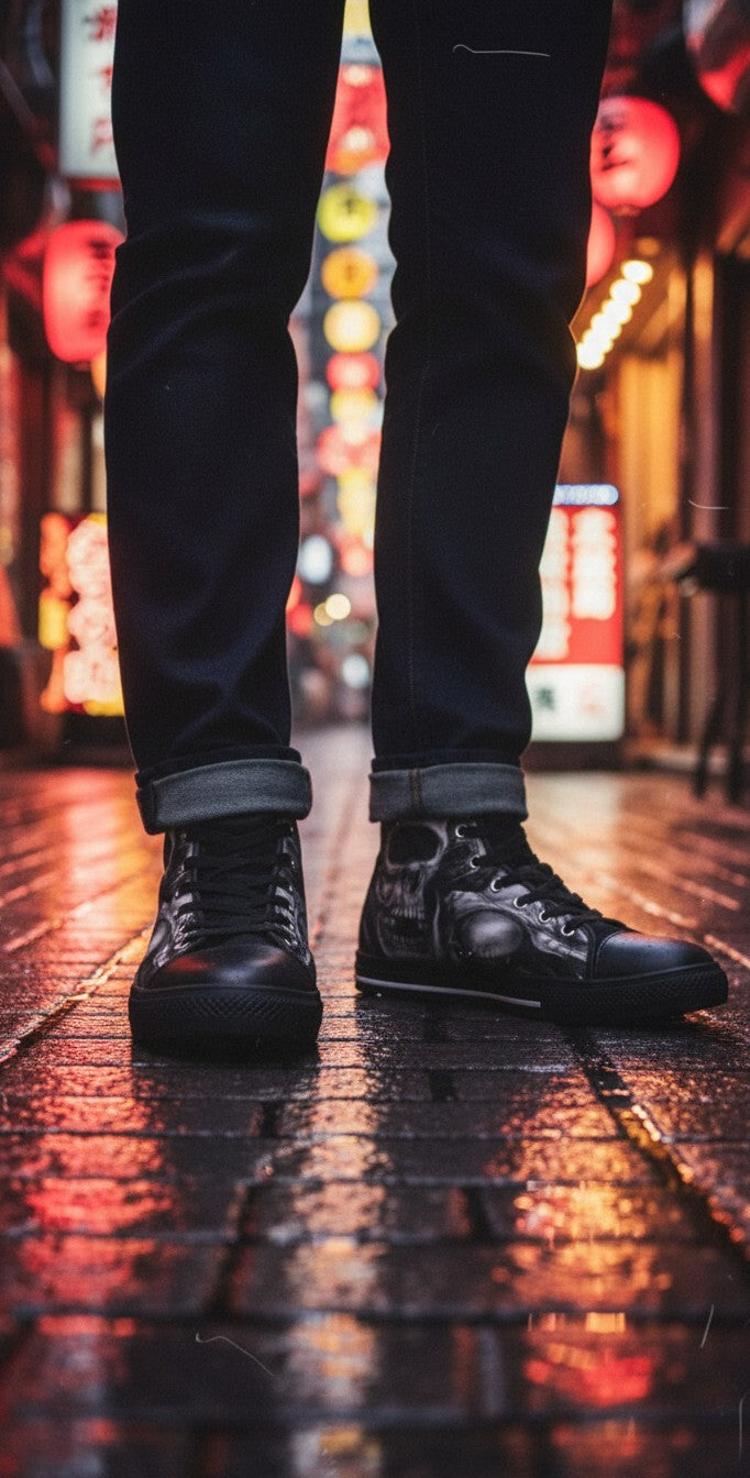 Freaky Shoes® Gothic dark skull rose canvas high top sneakers with black laces on a wet city street at night.
