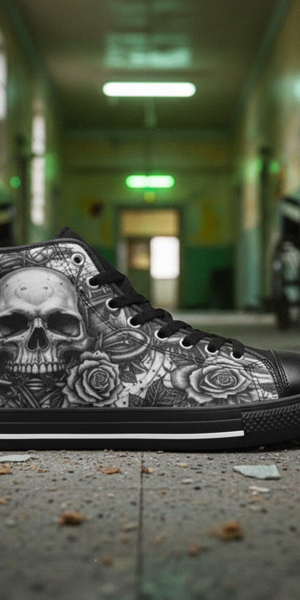 Men's Dark Gothic Art Skull custom high-top canvas shoes — wearable art by Freaky Shoes