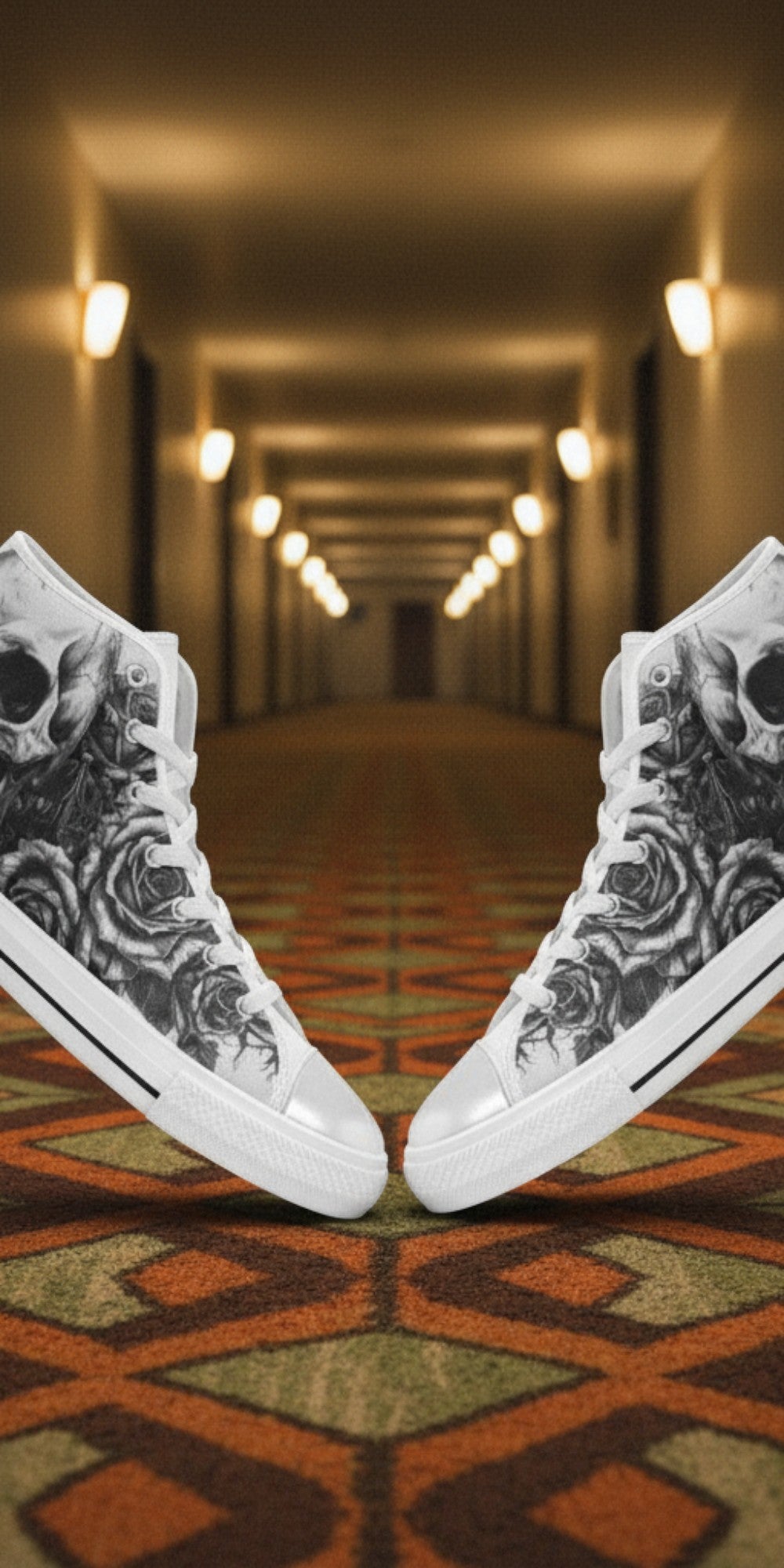 Women's Tattoo Skull Art Dark Gothic high-top canvas shoes, custom full-wrap printed design — Freaky Shoes