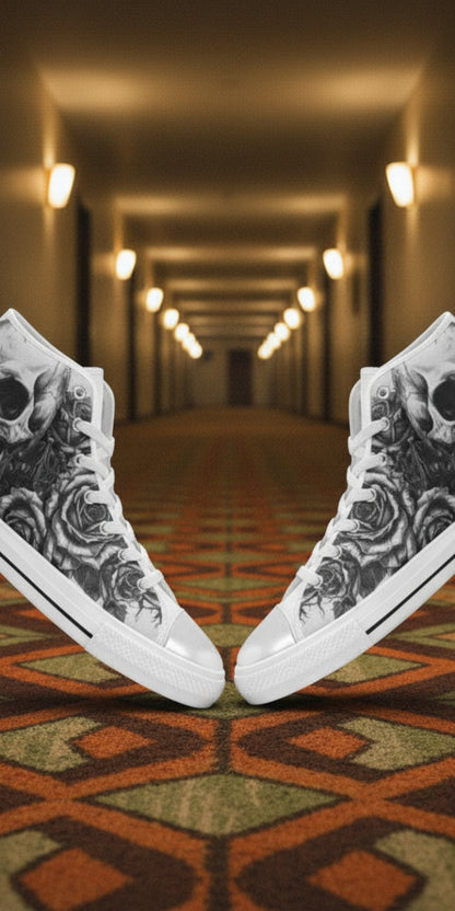 Women's Tattoo Skull Art Dark Gothic high-top canvas shoes, custom full-wrap printed design — Freaky Shoes