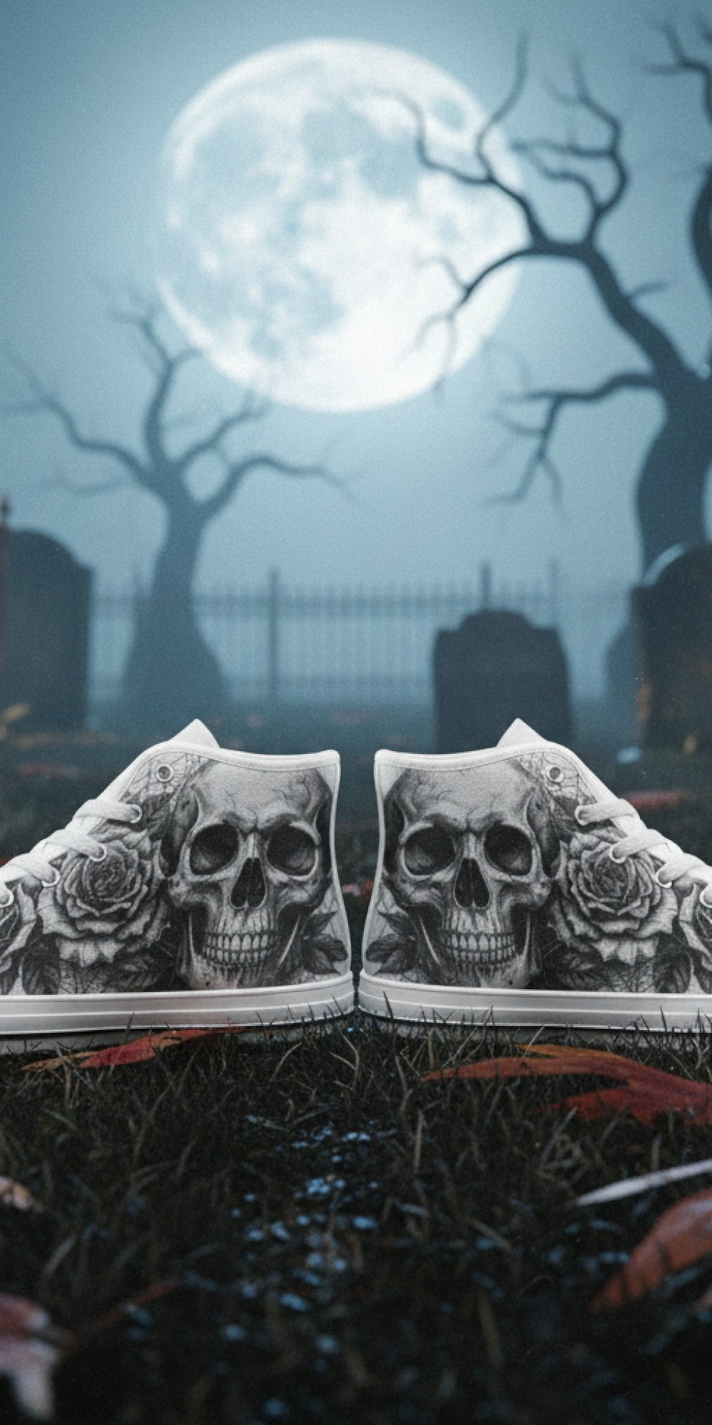 Men's Gothic Dark Skull Art hand-made high-top canvas shoes — unique wearable art by Freaky Shoes