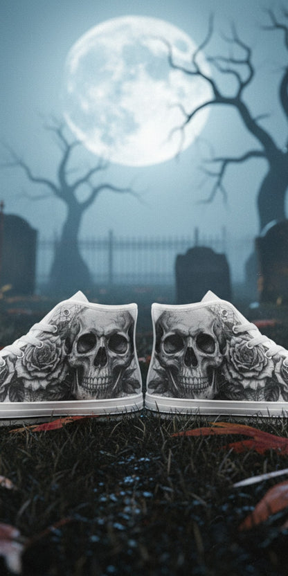Men's Gothic Dark Skull Art hand-made high-top canvas shoes — unique wearable art by Freaky Shoes