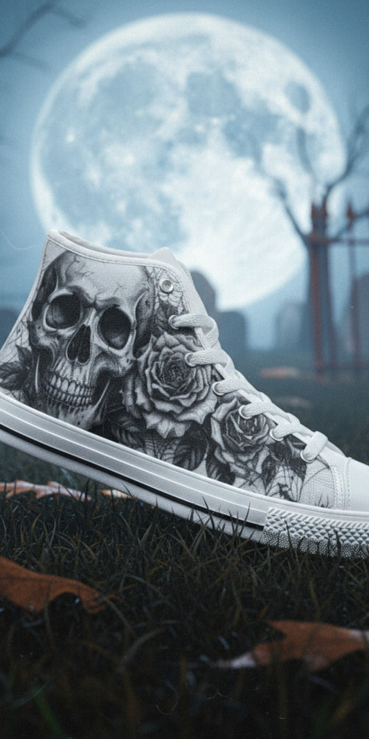 Freaky Shoes® men's high top canvas sneakers featuring a gothic black and white skull and rose art design.